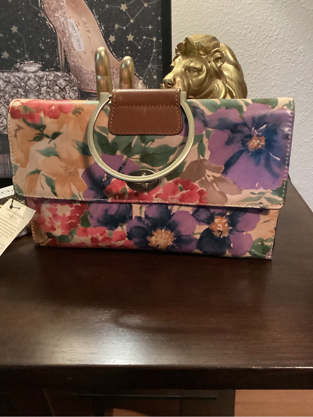 Patricia Nash Multicolor Floral Ring-Handle Clutch with Brown Trim